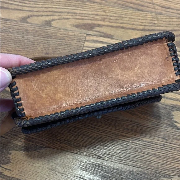 Handcrafted Leather Clutch Small Brown Floral Detail Adjustable Strap - Picture 7 of 9